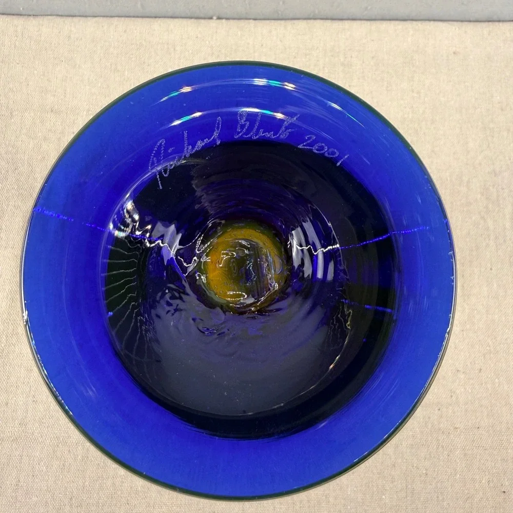 VTG 2001 Signed Richard Blenko Art Glass Trumpet Vase 8721L Yellow Cobalt 11.5
